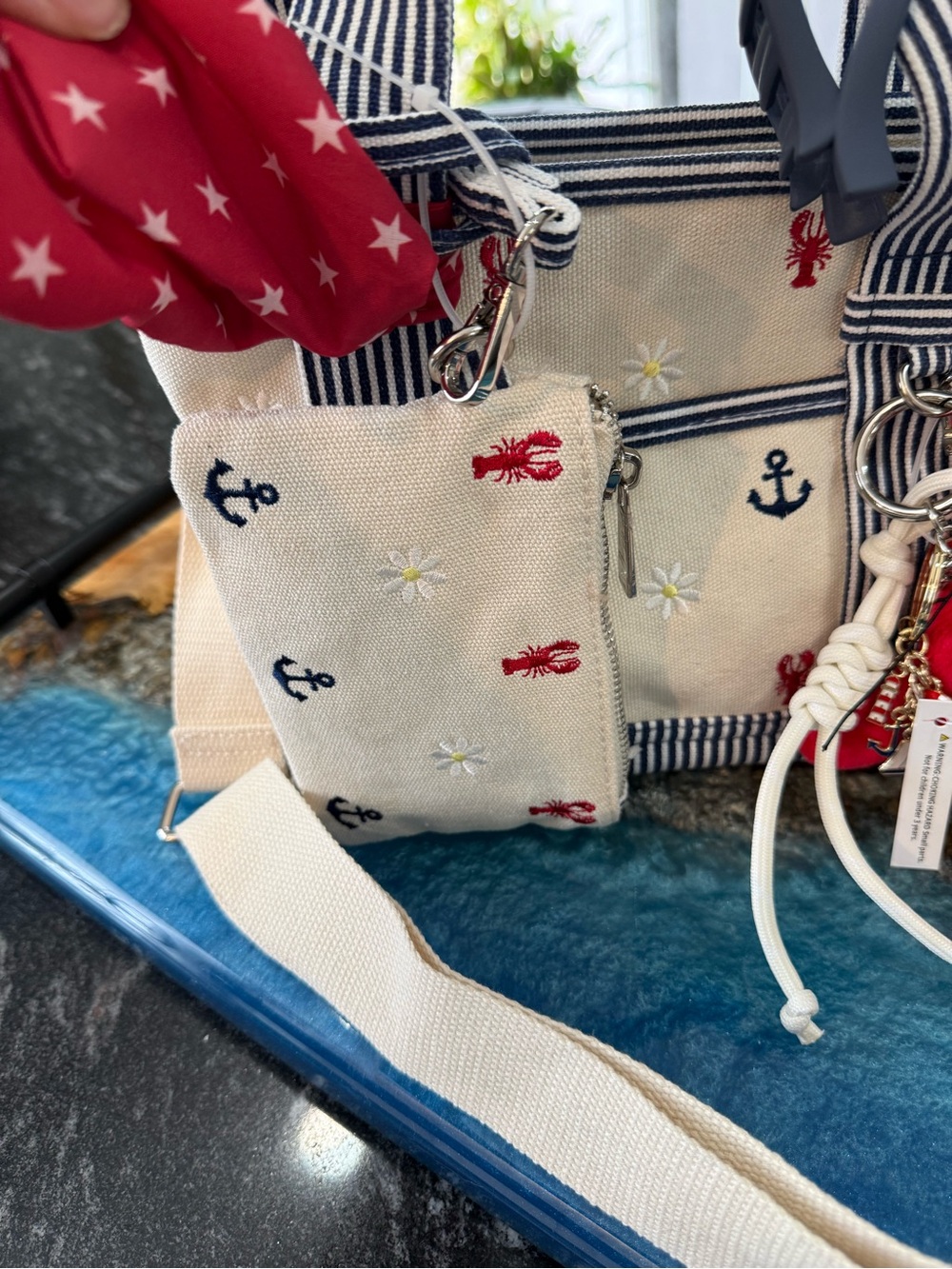 Adorable Nautical Canvas Handbag/Crossbody Bag with Red Lobster & Charms - Picture 4 of 10